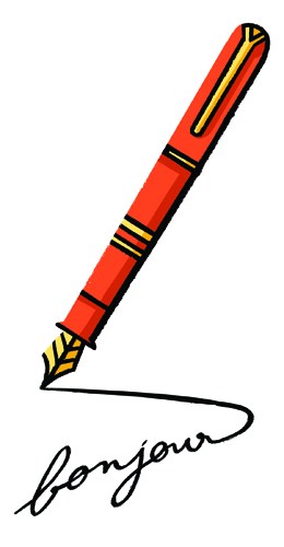 Red Waterman fountain pen with gold trim and the word 'bonjour' written below it.