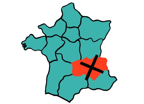 Map of France with regions in teal and Auvergne-Rhône-Alpes region highlighted in red with an X mark.