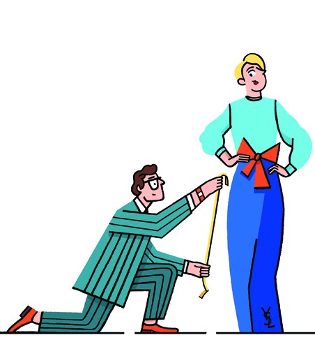Illustration of a tailor kneeling and measuring a model wearing a blue dress with red bow.