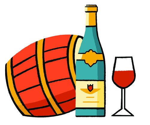 Illustration of a wine barrel, bottle, and glass representing Domaine Zind-Humbrecht winery.