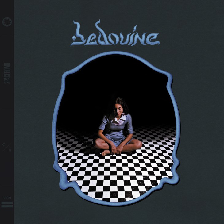 Album cover for Bedouine's self-titled debut featuring a woman sitting on a checkered floor within a blue-outlined frame.