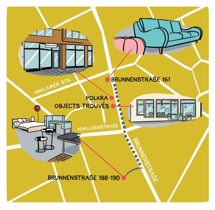 Illustrated map of Berlin's Brunnenstrasse design district showing shop locations with storefront illustrations on yellow background.