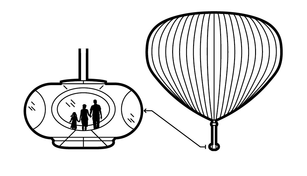 Line drawing of Bloon space capsule by Zero 2 Infinity with pressurised carbon-fibre pod and attached helium balloon.