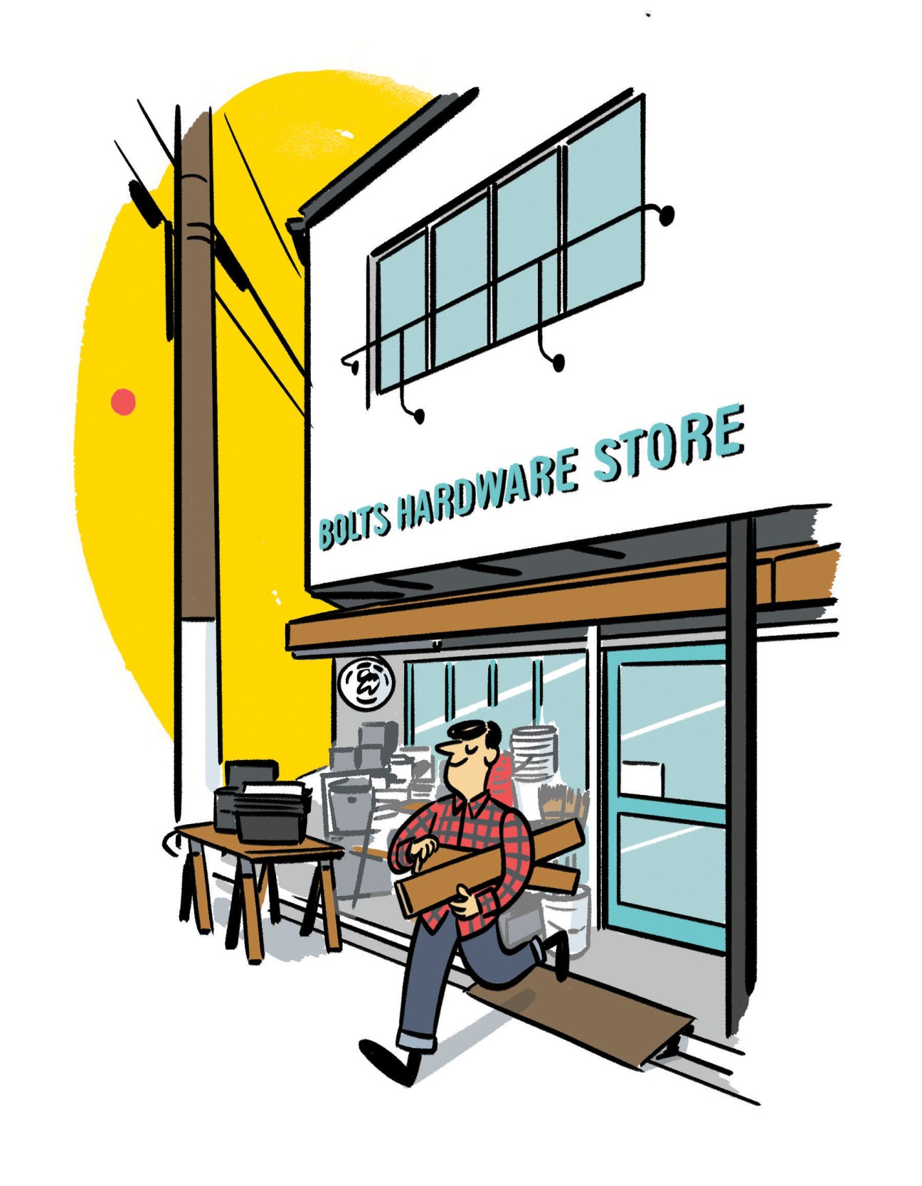 Illustration of Bolts Hardware Store storefront in Kyoto with yellow facade and man carrying wood