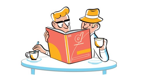 Illustration of two people reading a D&Department travel guide at a table with drinks.