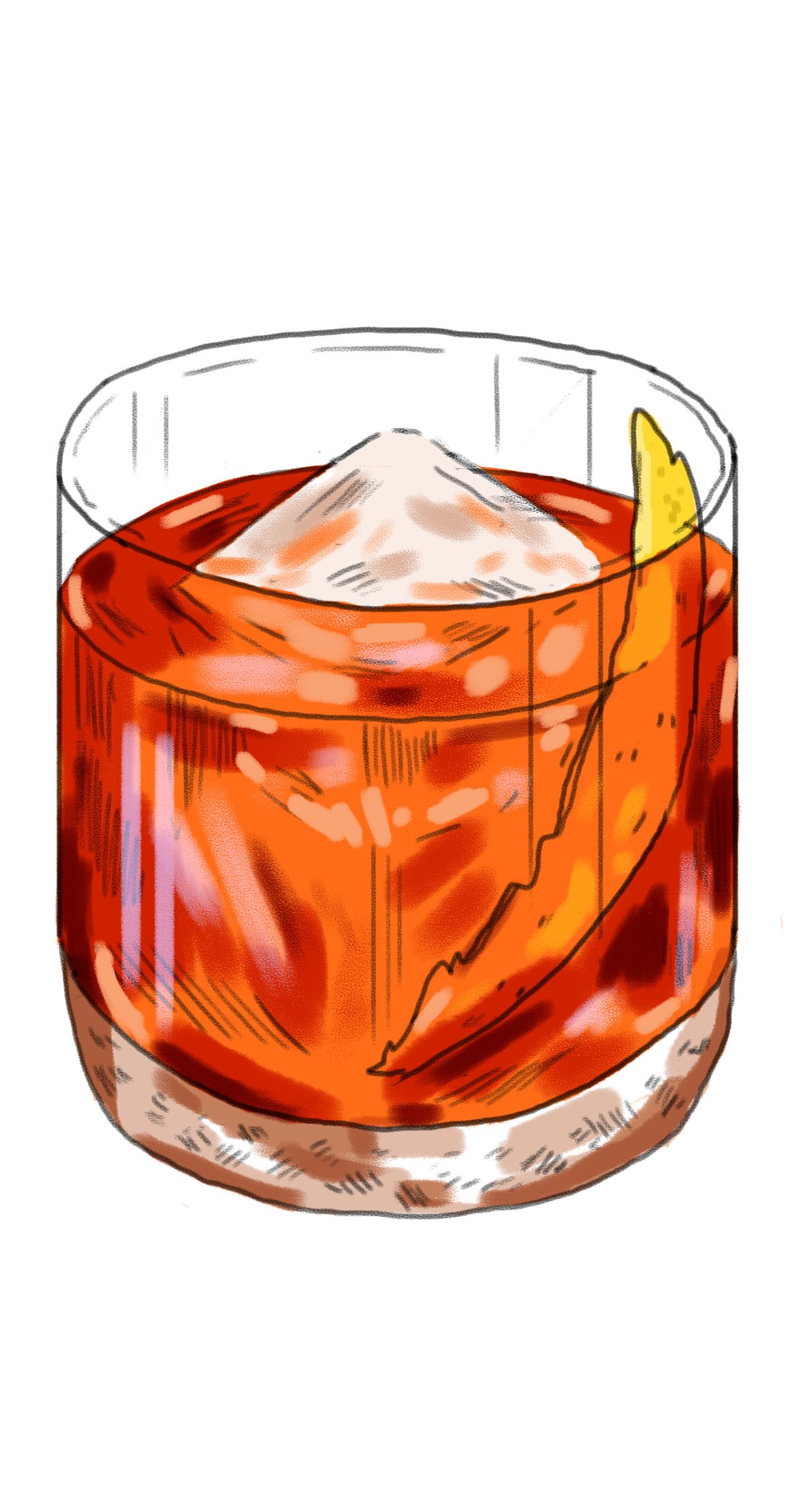 Illustration of a Boulevardier cocktail in a tumbler with ice and orange twist garnish.