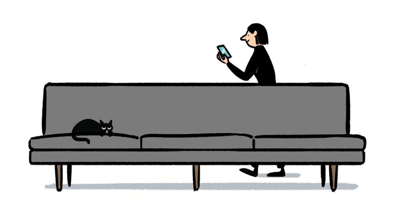 Illustration of a woman standing on a gray sofa holding a mobile phone, with a black cat lying on the cushions.