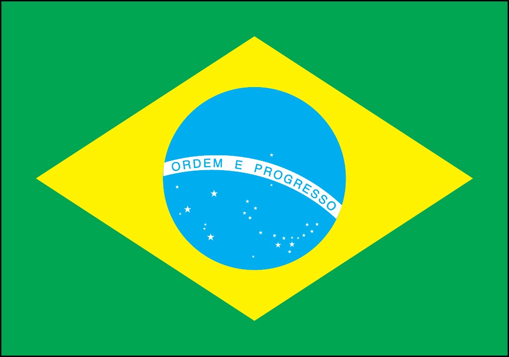 Brazilian flag featuring green background, yellow diamond, and blue circle with white band