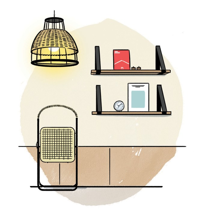Illustration of interior design elements including a pendant lamp, floating shelves with decor, and a folding chair.