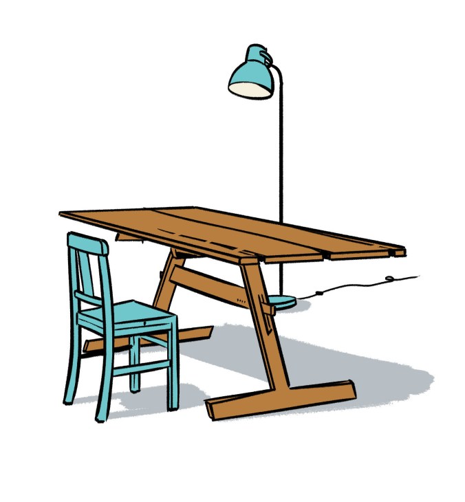 Illustration of a wooden desk with turquoise chair and matching desk lamp by Cabana Studio.