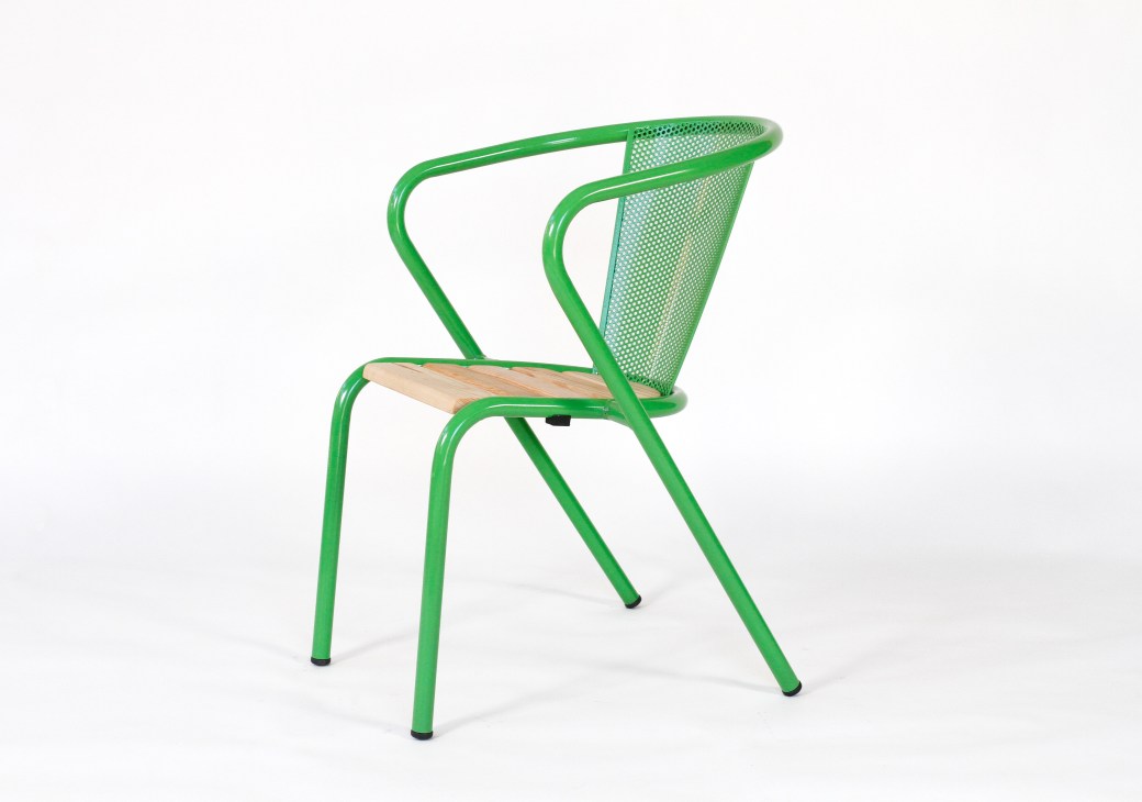 Green metal Gonçalo chair with wooden seat by Arcalo, Portugal.