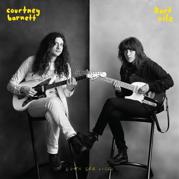 Album cover for Courtney Barnett and Kurt Vile's 'Lotta Sea Lice' featuring two musicians with guitars.