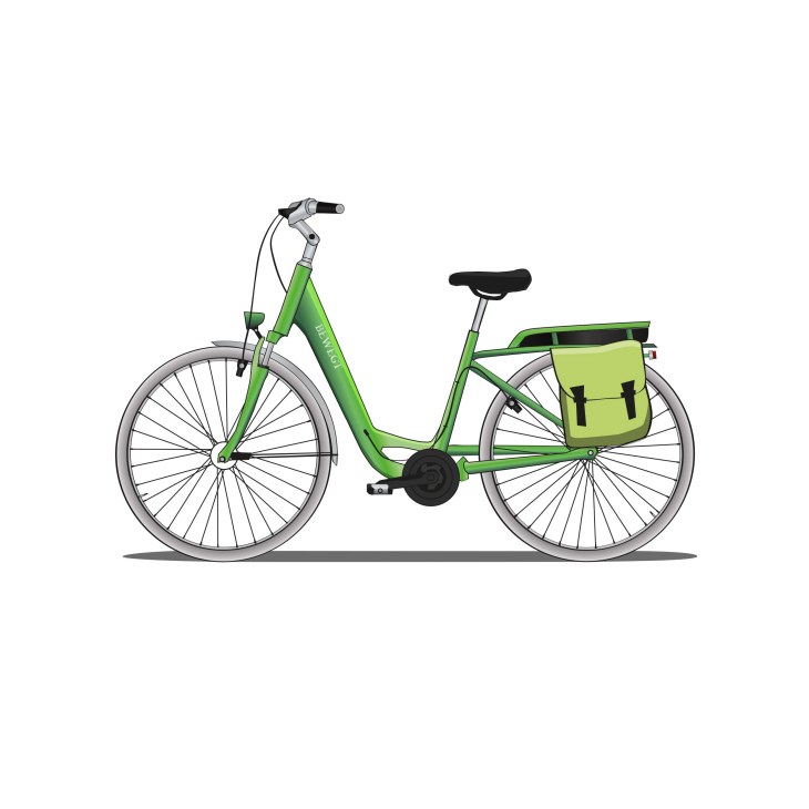 Green Transvelo electric bicycle with yellow panniers and black seat