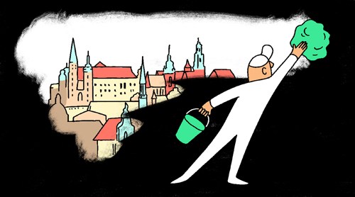 Illustration of a figure holding a watering can and plant above a cityscape with red-roofed buildings.