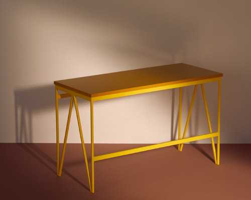 Colour play bench by &New with spray-coated plywood seat and bright yellow legs.