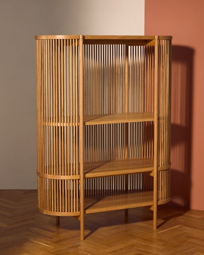 Wooden cabinet with spring-loaded slats forming a cased structure with three shelves and timber base.