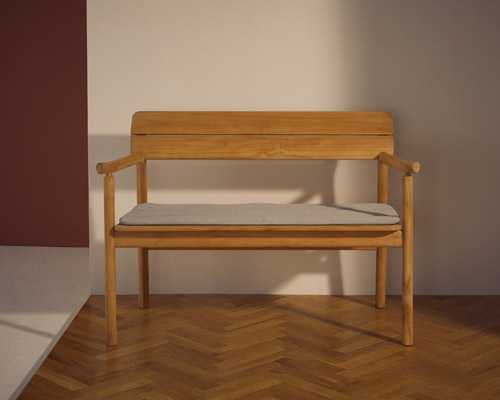 Tanso bench by Case, a teak wood bench with curved armrests and a grey cushioned seat.