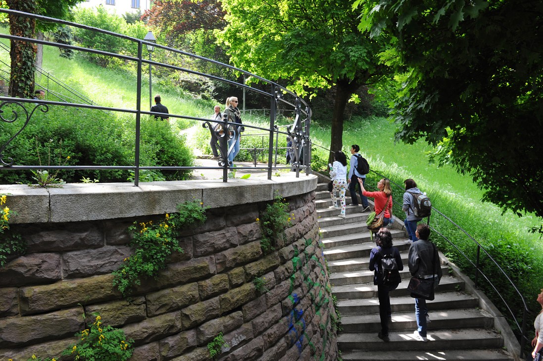 People walking on wide stone stairs with metal railings surrounded by lush green trees and vegetation in an urban setting.
