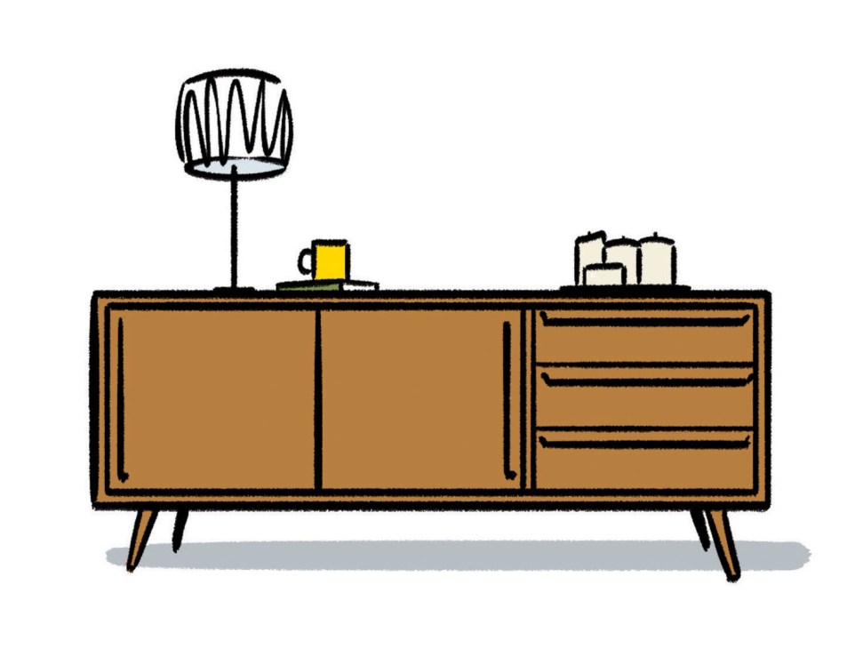 Illustration of a mid-century wooden sideboard with cabinet doors and drawers topped with a desk lamp and decorative objects.