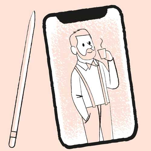Line drawing illustration of a man in business attire holding a coffee cup on a smartphone screen.