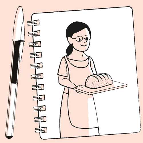 Illustration of a woman holding a loaf of bread on a notebook with a pen.