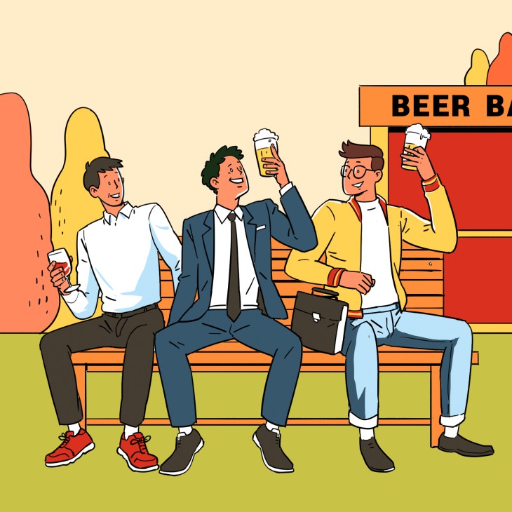 Illustration of four men sitting on a bench outside a beer bar, holding drinks and enjoying an early afternoon off work.