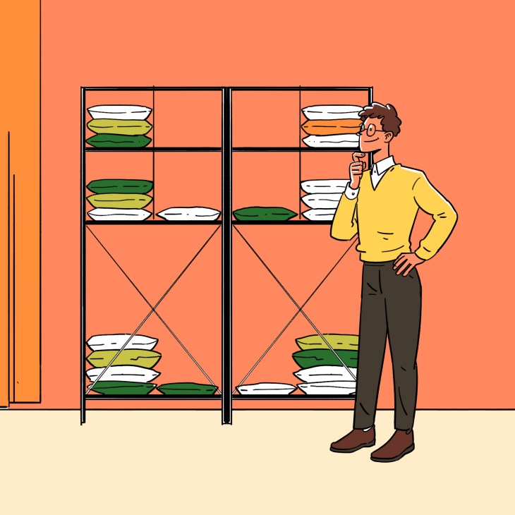 Illustration of a man in yellow sweater examining stacked plates and bowls on shelves.
