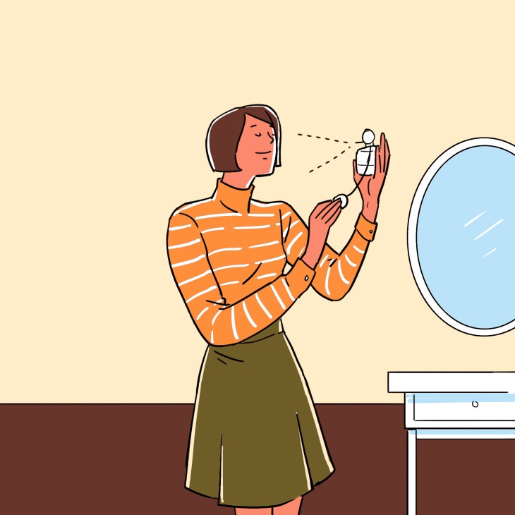 Illustration of a woman in an orange striped sweater holding a small house item against a mirror.