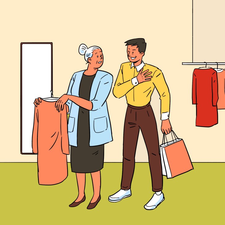 Illustration of a woman holding a coral-colored dress while speaking with a man in a yellow shirt carrying shopping bags in a clothing store.