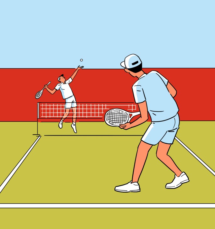Illustration of two people playing tennis on a clay court with a net between them.