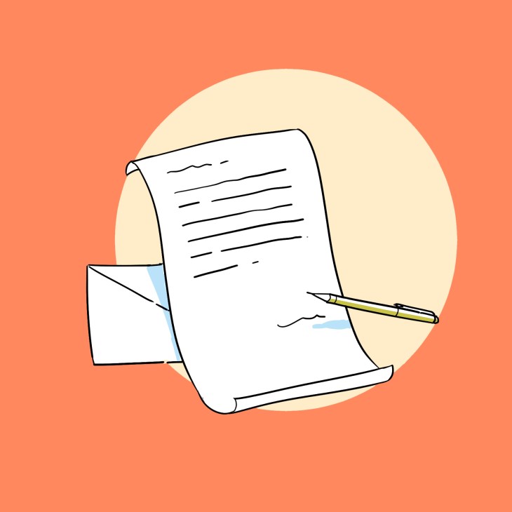Illustration of a hand holding a pen writing on a lined notepad with an envelope nearby