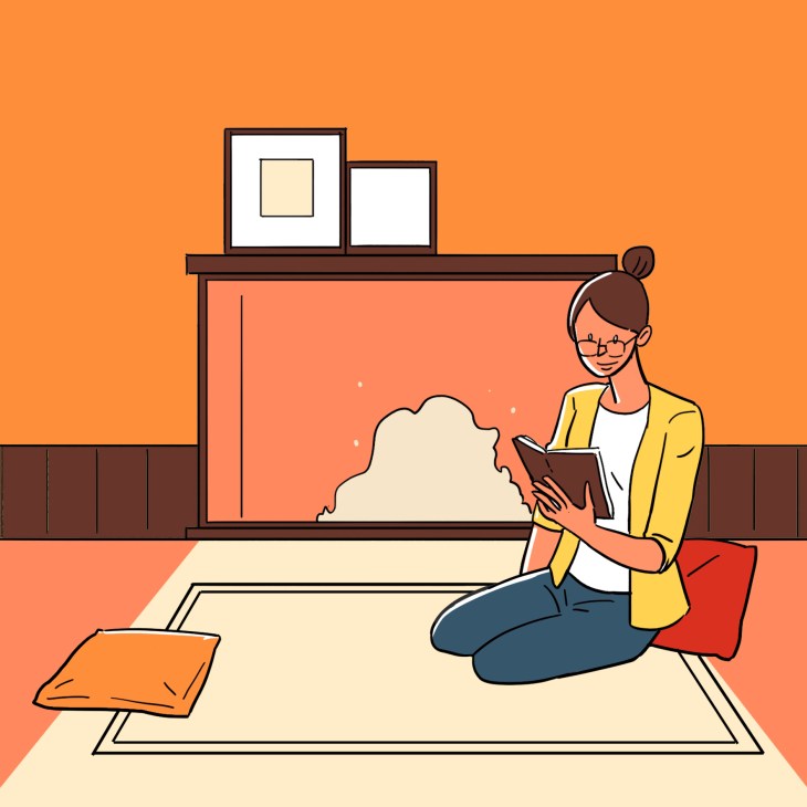 Illustration of a woman in a yellow blazer sitting on a red cushion, holding a tablet, in a minimalist living room.