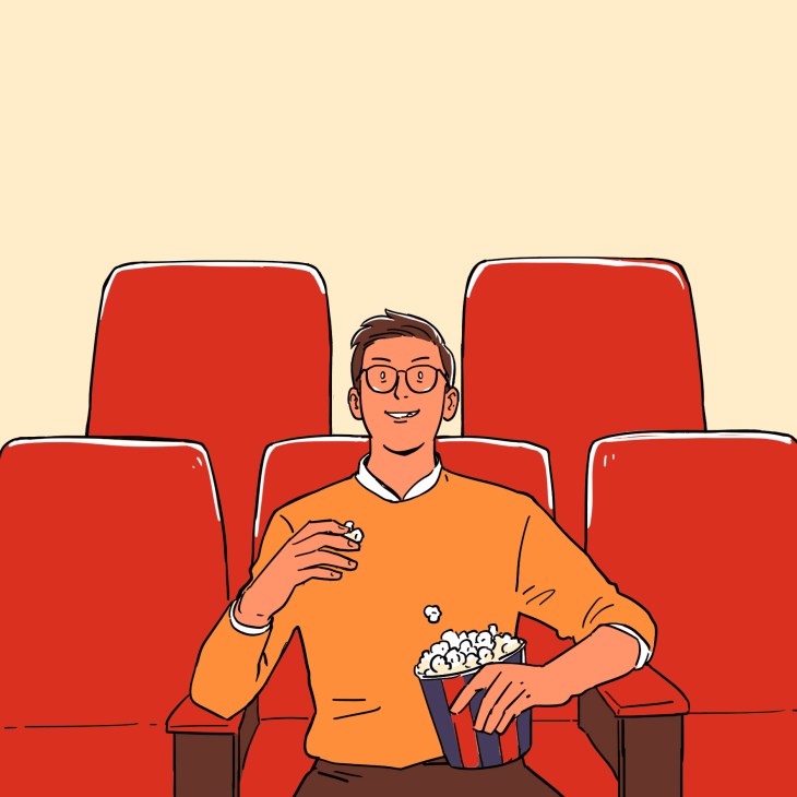 Illustration of a man sitting in a movie theater seat eating popcorn.