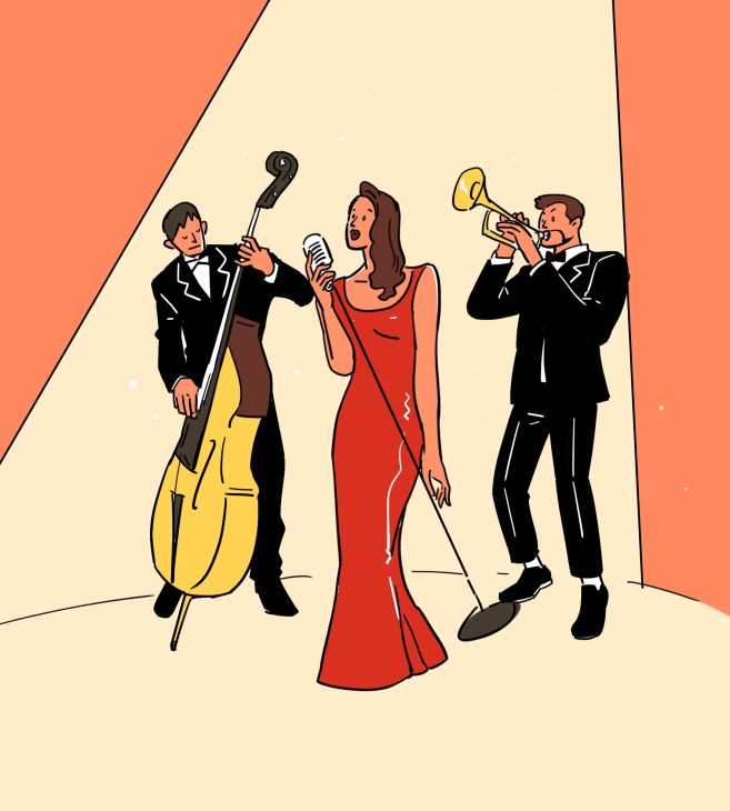 Illustration of a woman in a red dress singing into a microphone with three men in suits playing cello, microphone, and trumpet around her.