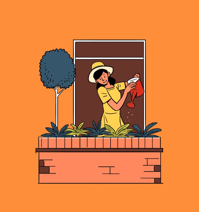 Illustration of a woman in a yellow dress and hat watering plants from a window box above a brick building.