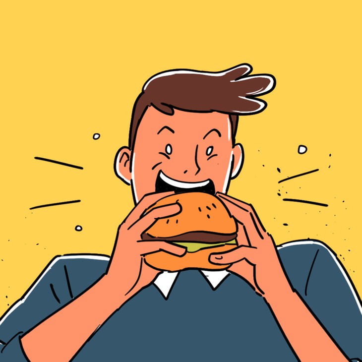 Illustration of a smiling man eagerly holding a large burger with both hands against a yellow background.