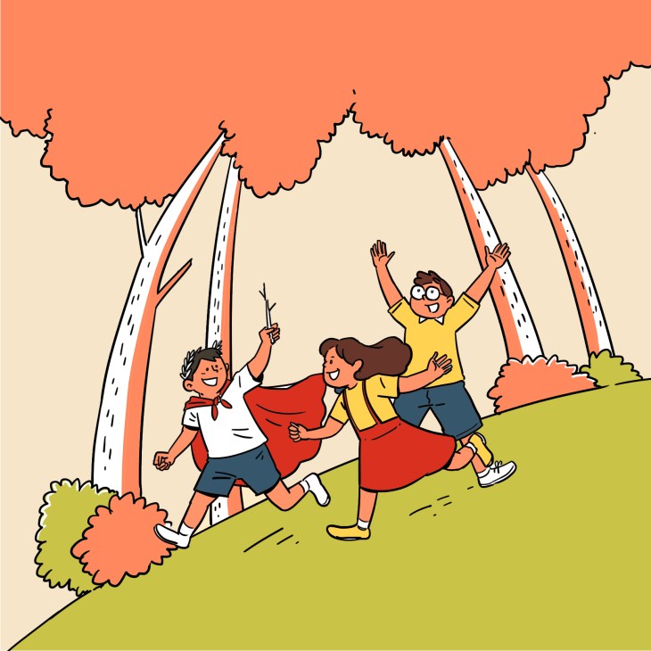 Illustration of three children playing joyfully under arched tree branches in a sunny meadow.