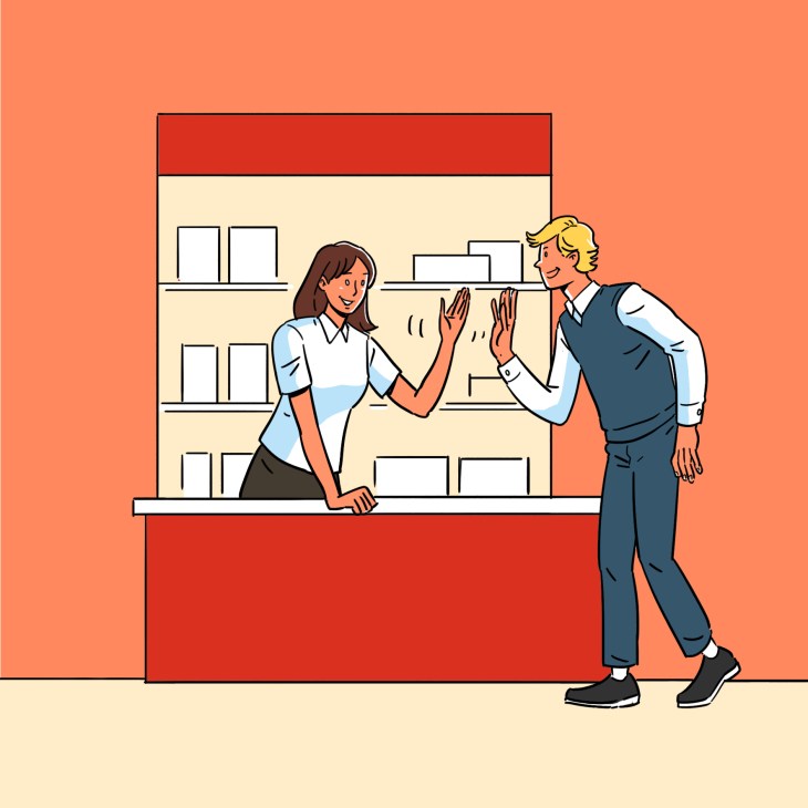 Illustration of a woman and man greeting each other at a shop counter with shelves behind them.