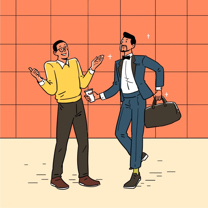 Illustration of two men in casual and formal attire having a conversation against an orange tiled background.