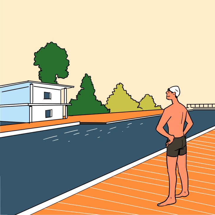 Illustration of a man in an orange shirt standing on a wooden deck overlooking a modern waterfront house with trees.