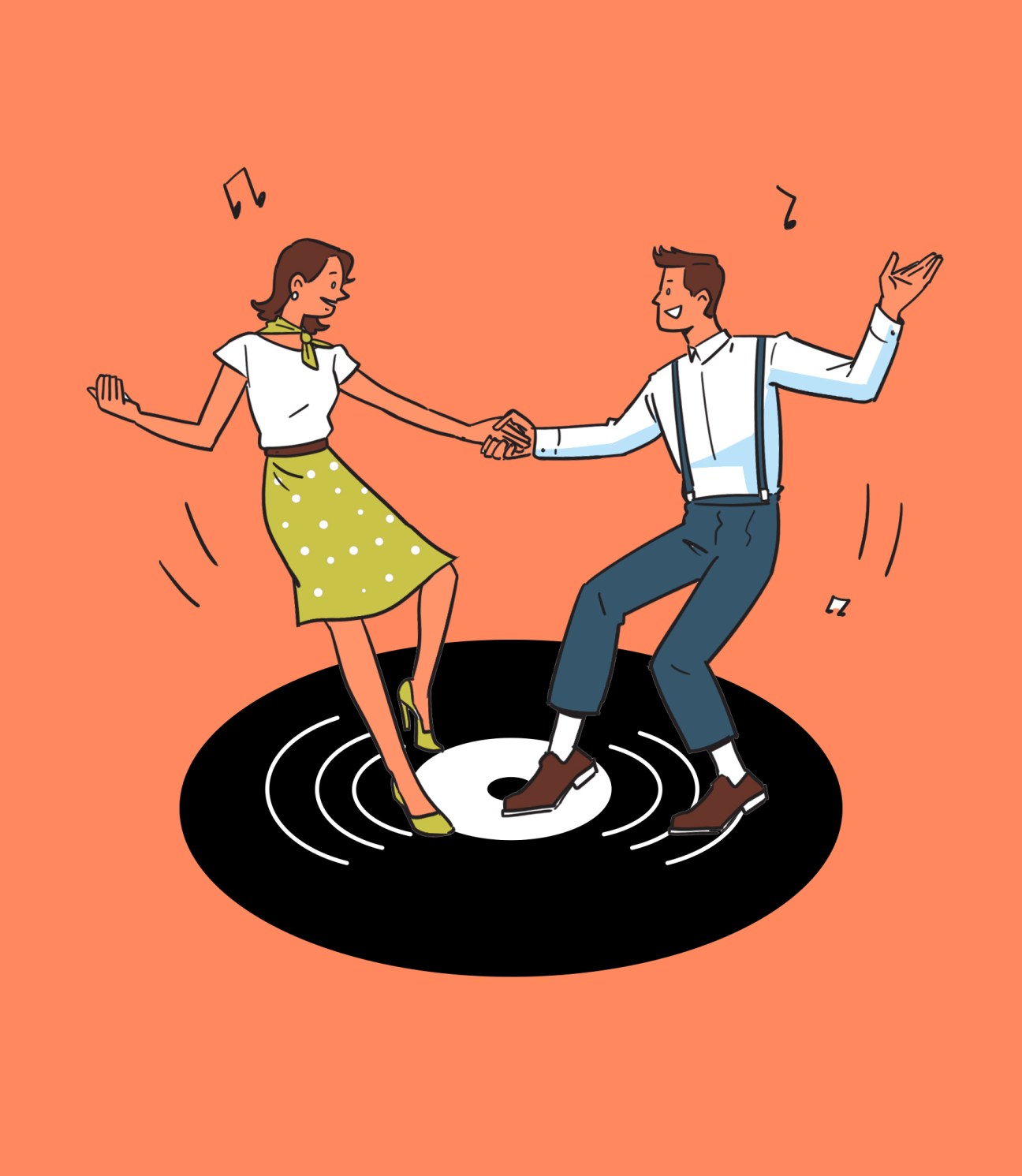 Illustration of a couple dancing on a vinyl record with musical notes floating above them against an orange background.