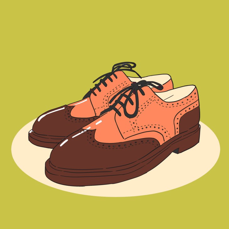 Illustration of two-tone oxford brogues in coral and brown leather with black laces.