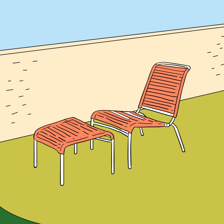 Illustration of red and white Embru Altorfer lounge chairs on yellow-green grass against a beige wall and blue sky.
