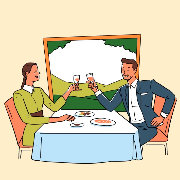 Illustration of a man and woman toasting with wine glasses at a dining table with scenic landscape view.