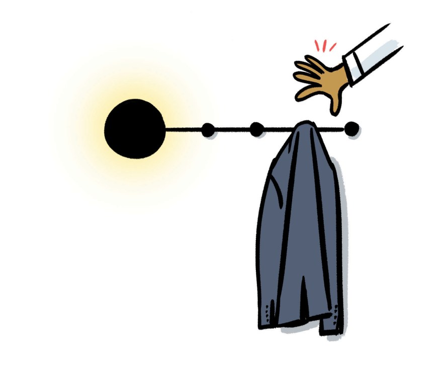 Illustration of Han light by Goula Figuera: a steel coat hook emitting soft light with hand reaching to adjust it.