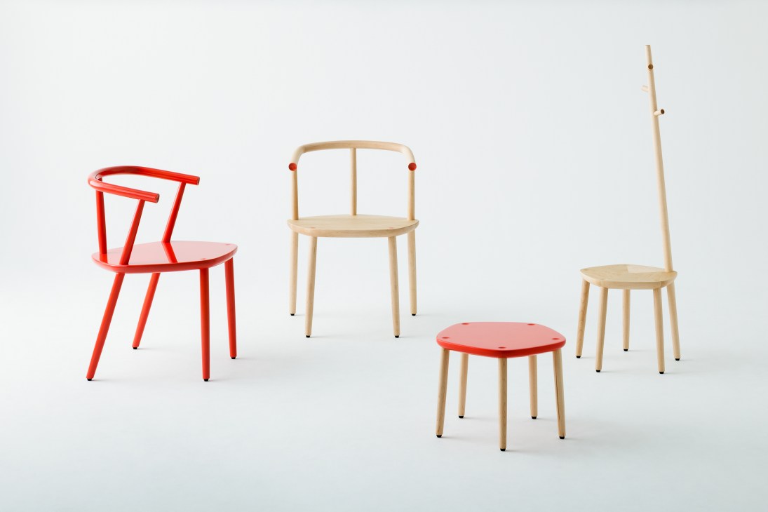 Five collection furniture featuring red and natural wood chairs and stools with geometric shapes designed by Claesson Koivisto Rune for Matsuso T.