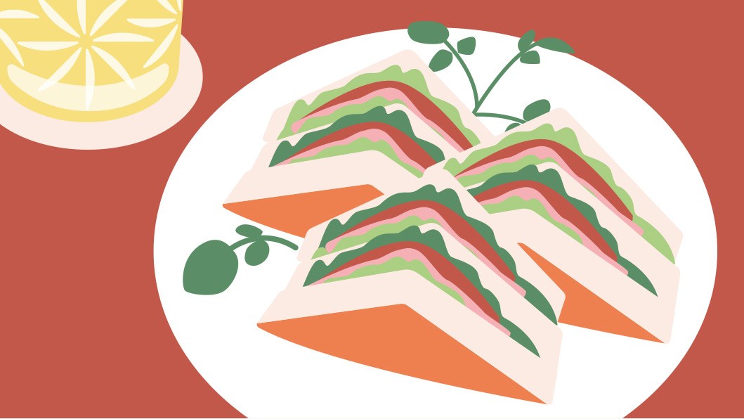Illustration of layered sandwich with lettuce, tomato and orange cheese alongside lemon slice and herbs.