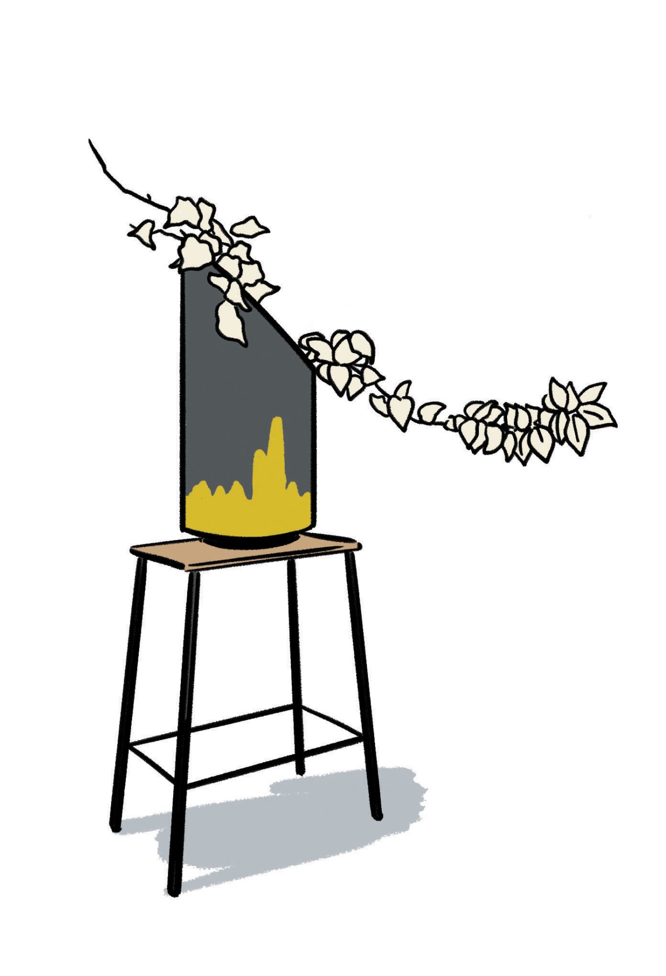 Illustration of a tall stool with wood seat and black metal legs holding a gray cylindrical vase with yellow brushstroke detail and climbing ivy.