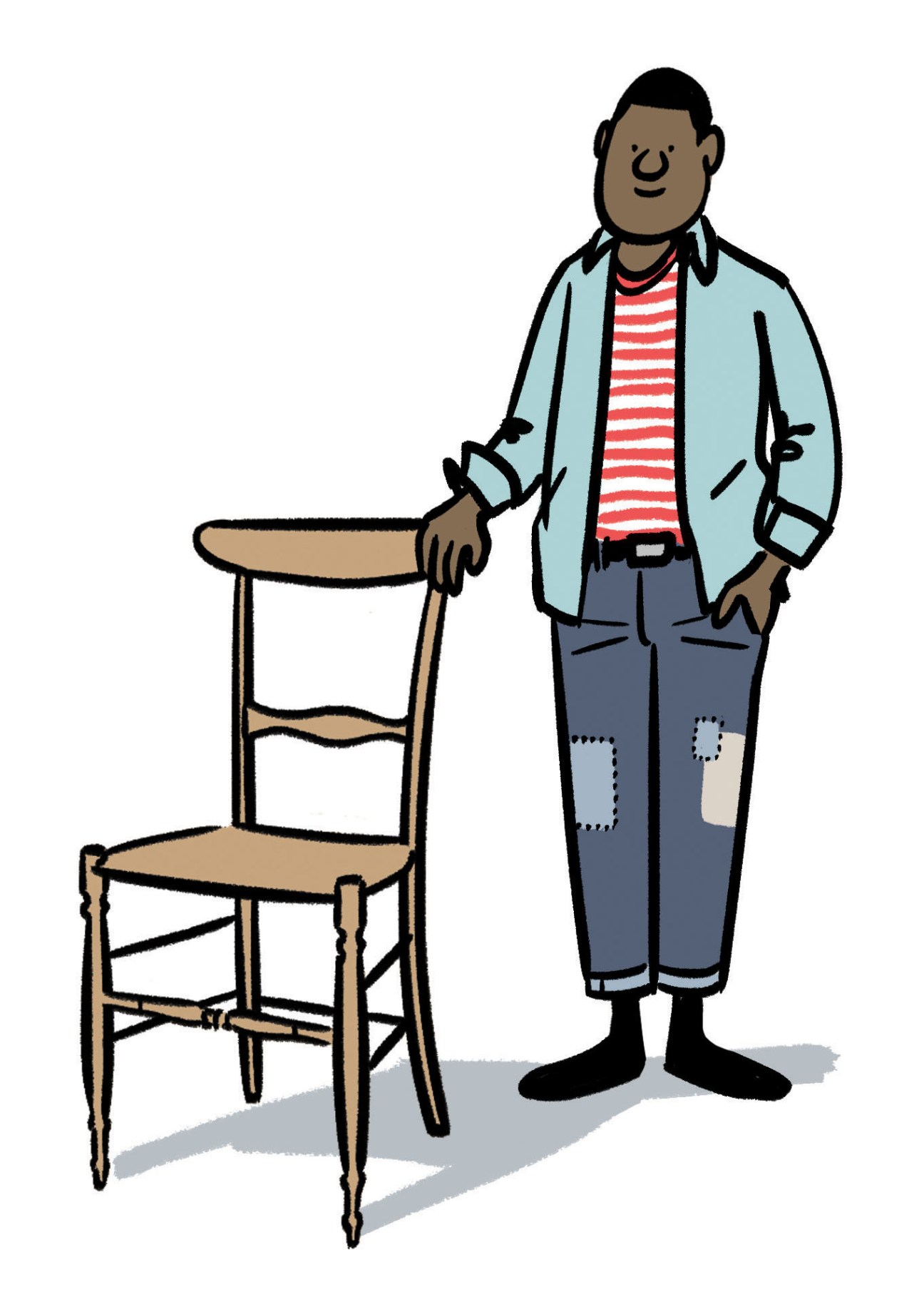 Illustration of a man standing next to a wooden Chiavari chair with a woven seat and ladder back.