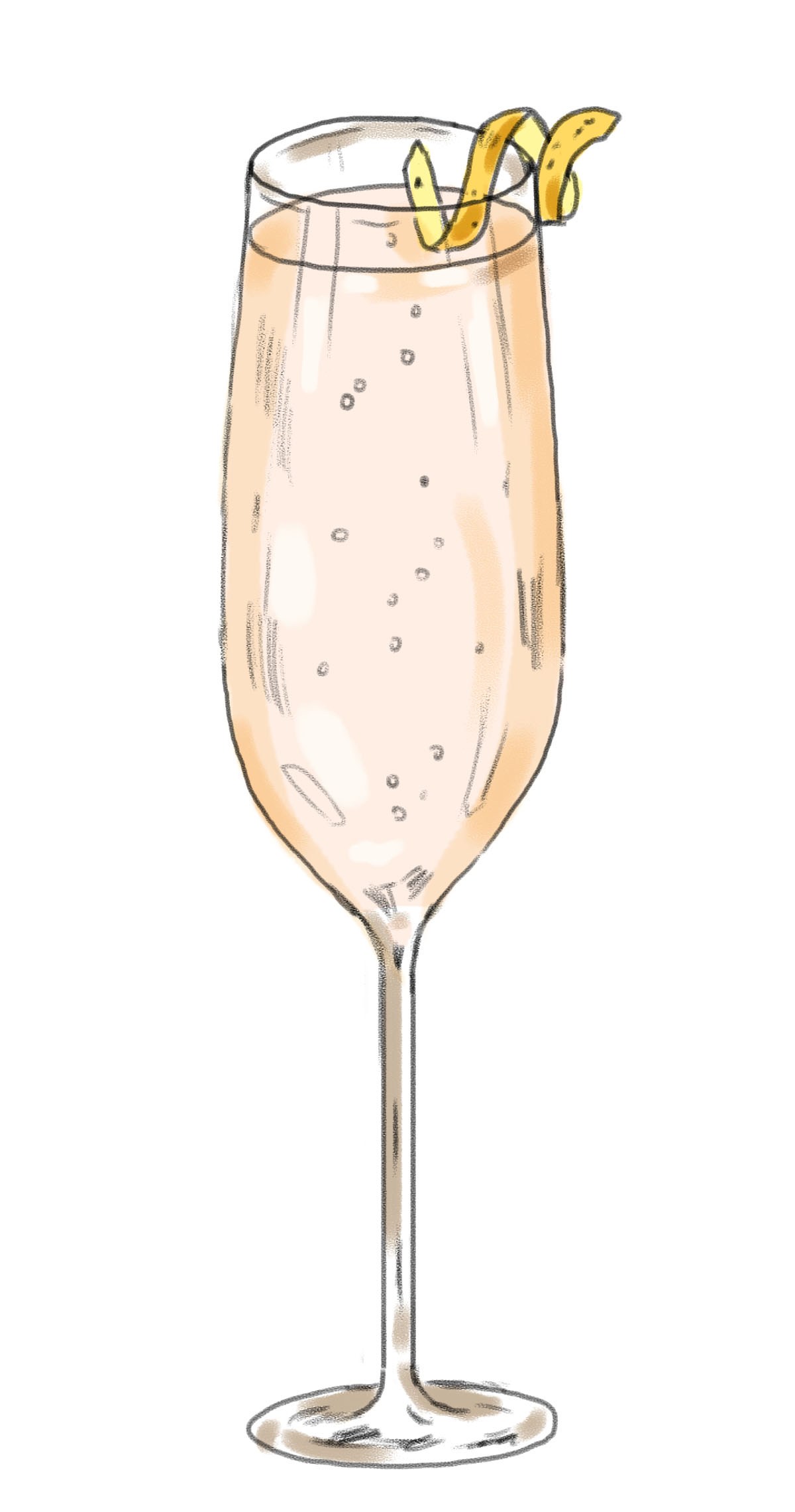 Illustration of a Blush 75 cocktail in a champagne flute with lemon peel garnish.